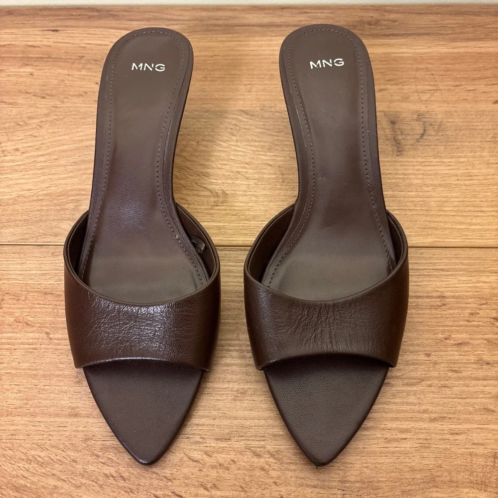 MANGO MNG Kitten-Heel Leather Sandal Brown Women Size 38 Slip On Formal Party - Picture 3 of 9